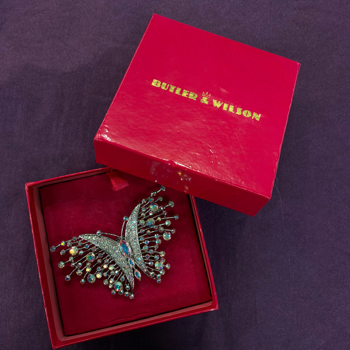 Vintage Butler & Wilson Large Butterfly Brooch, Silver Tone with Aurora Borealis Crystals