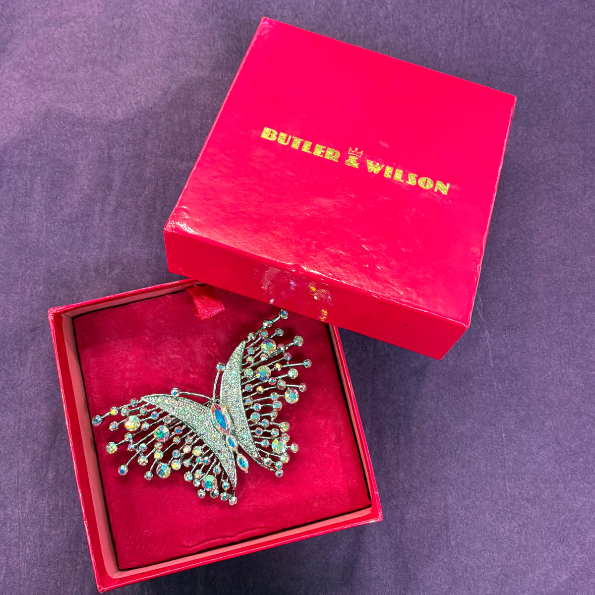 Vintage Butler & Wilson Large Butterfly Brooch, Silver Tone with Aurora Borealis Crystals