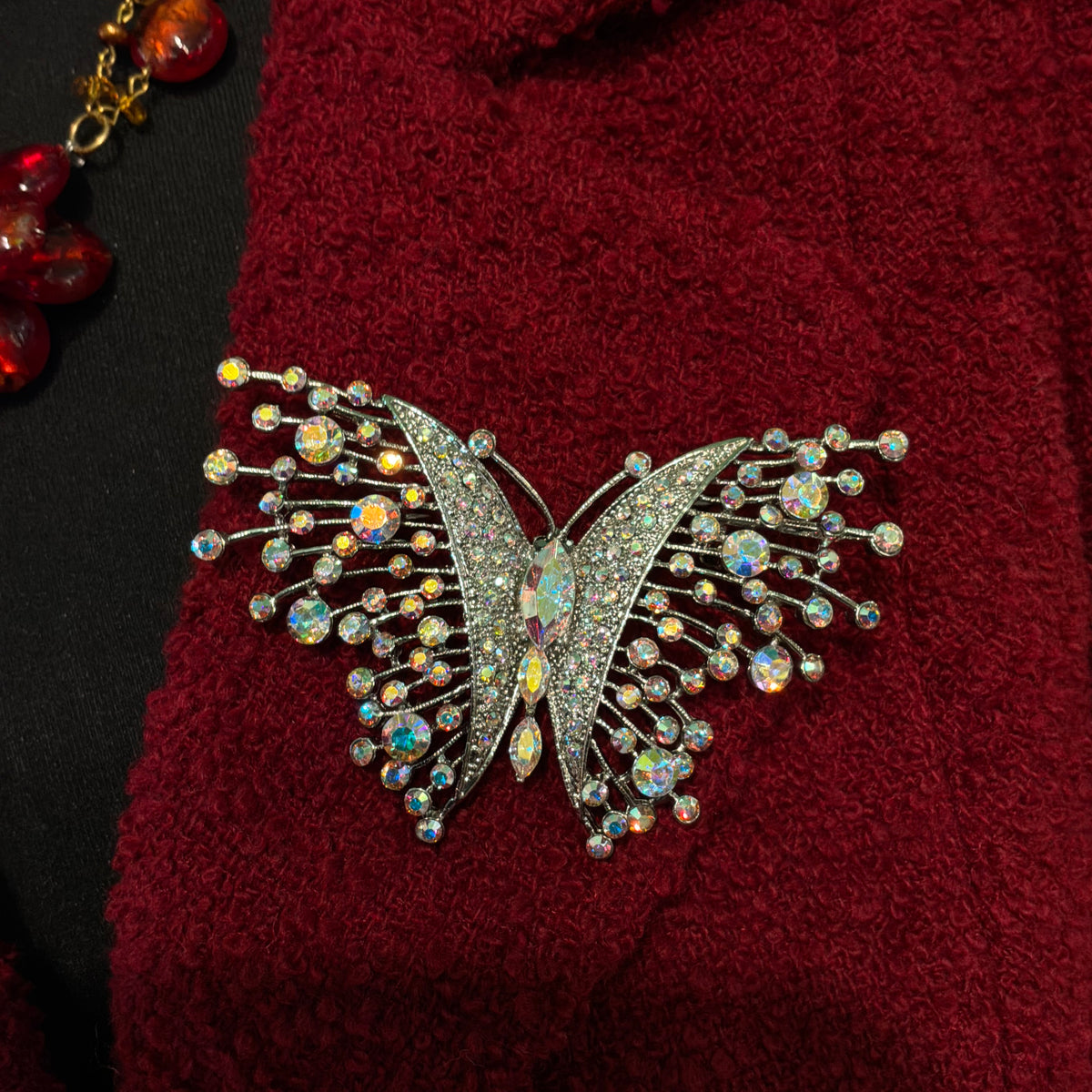 Vintage Butler & Wilson Large Butterfly Brooch, Silver Tone with Aurora Borealis Crystals
