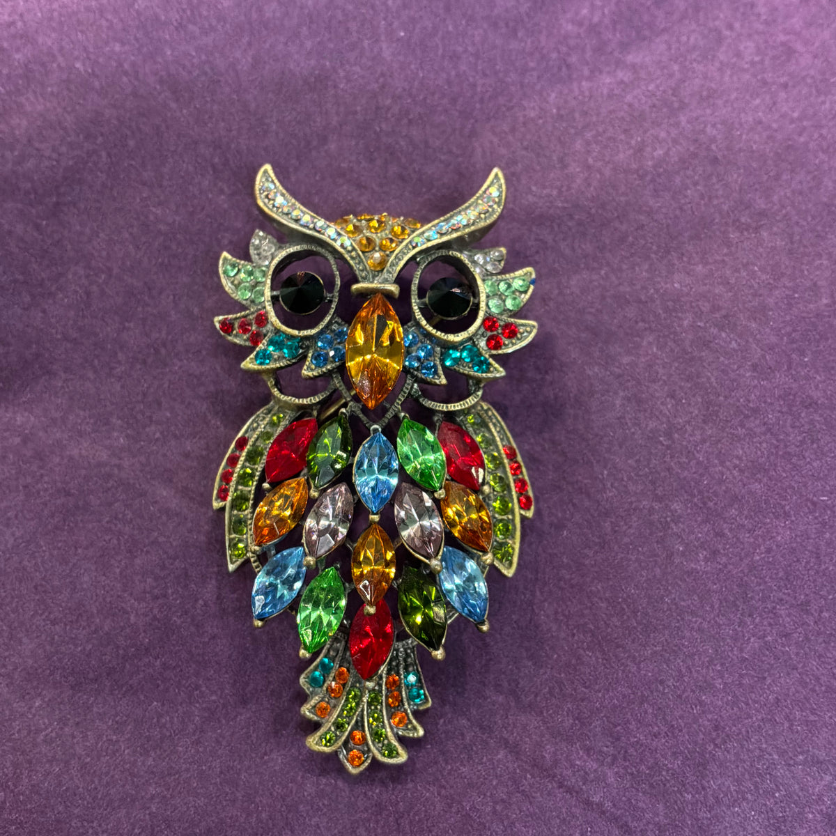 Vintage Butler and Wilson Crystal Owl Brooch with Rainbow Rhinestones