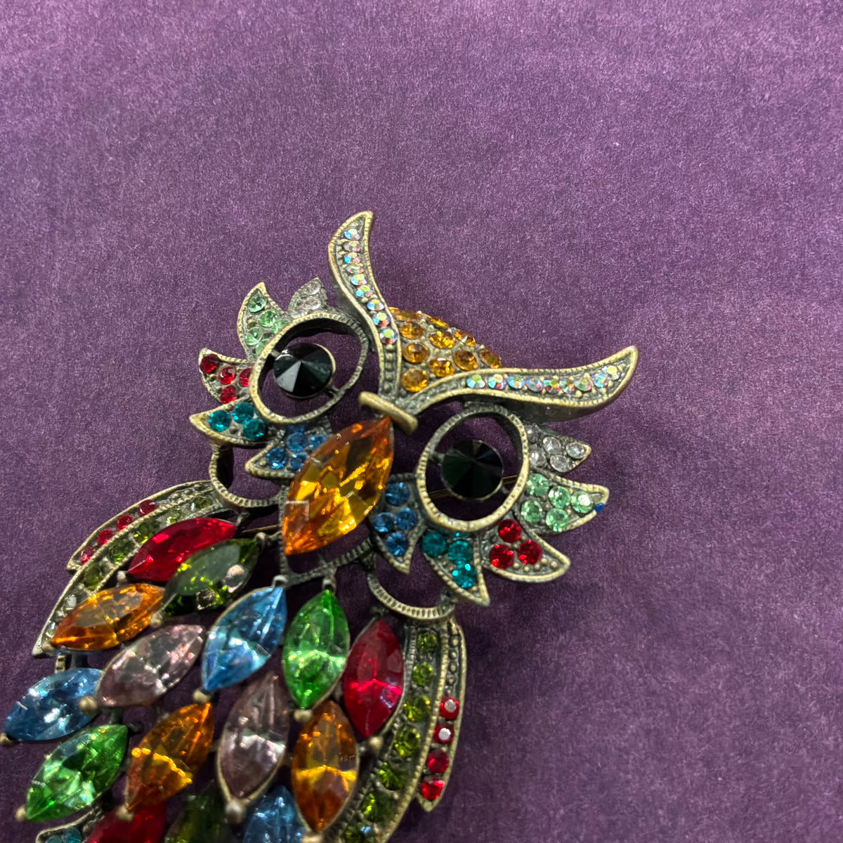 Vintage Butler and Wilson Crystal Owl Brooch with Rainbow Rhinestones