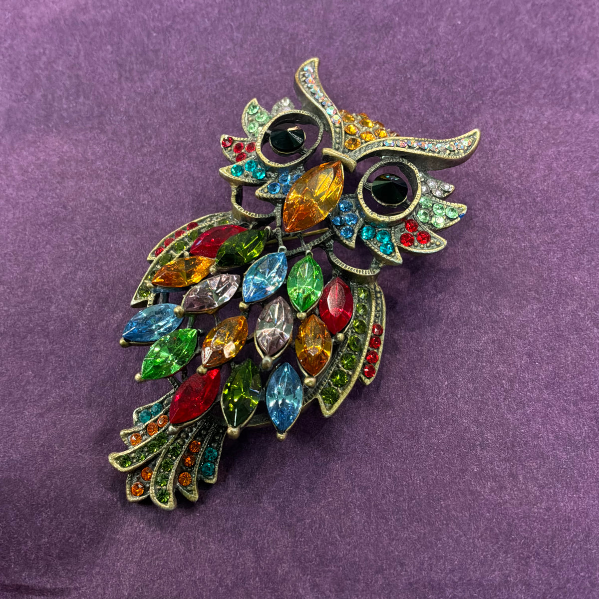 Vintage Butler and Wilson Crystal Owl Brooch with Rainbow Rhinestones
