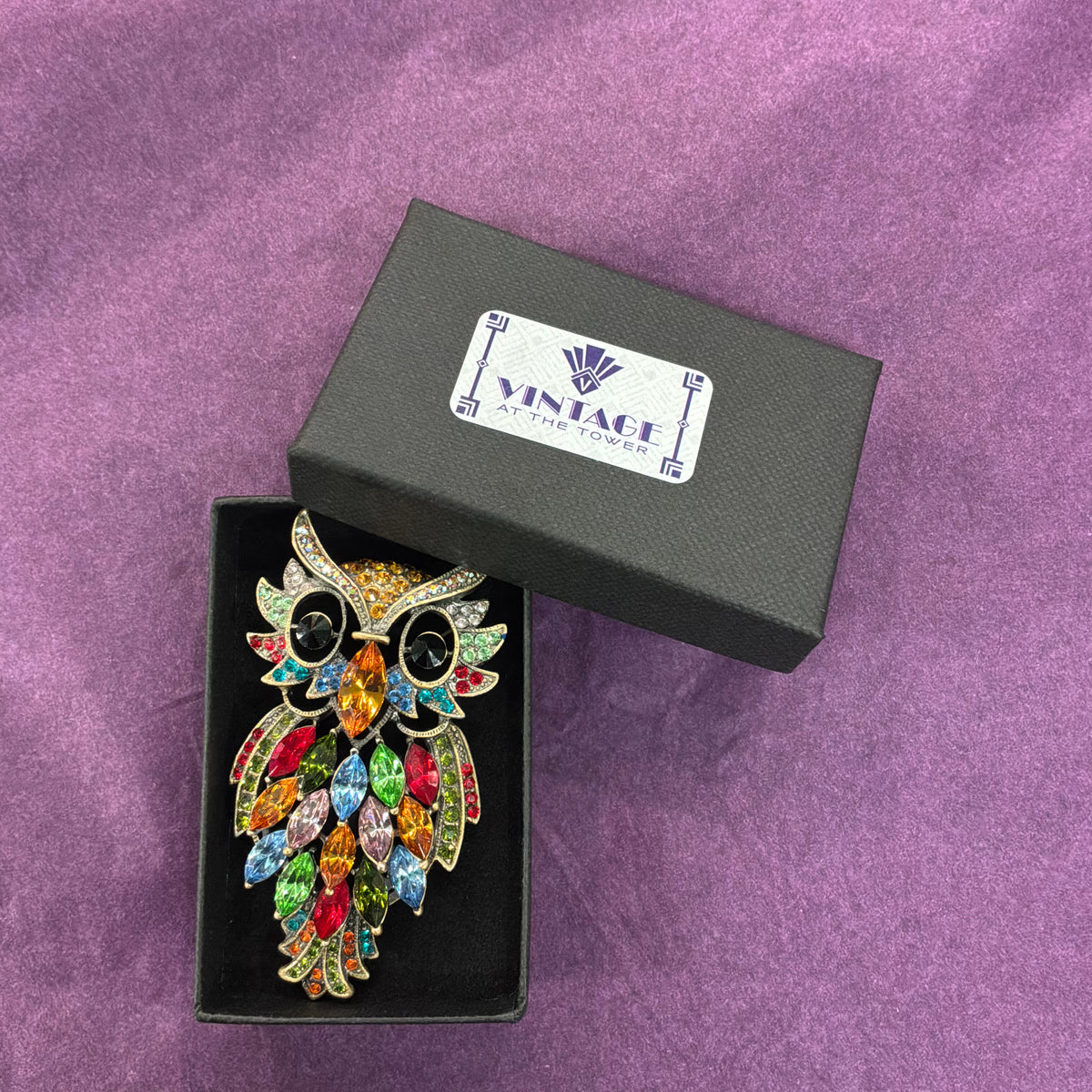 Vintage Butler and Wilson Crystal Owl Brooch with Rainbow Rhinestones