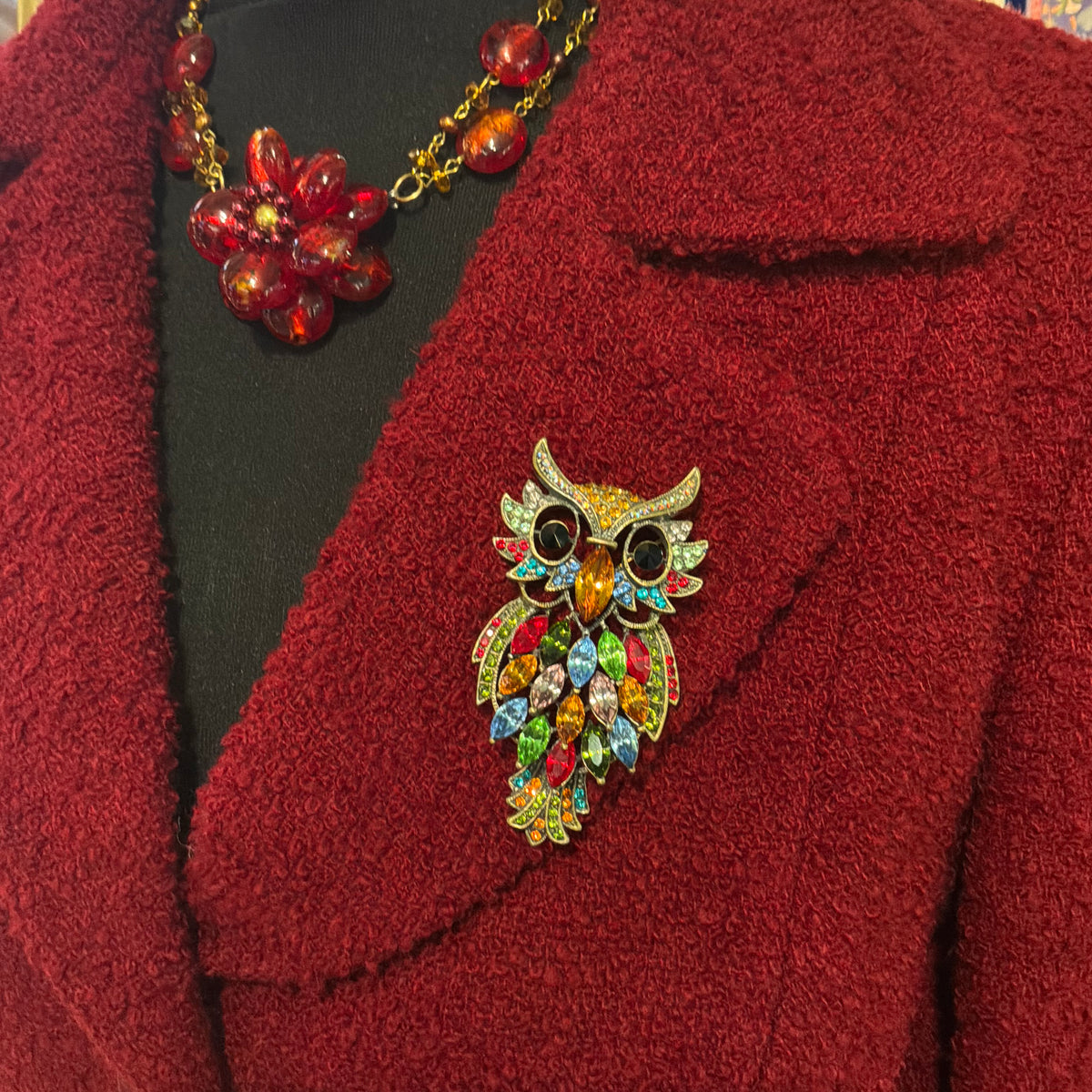 Vintage Butler and Wilson Crystal Owl Brooch with Rainbow Rhinestones