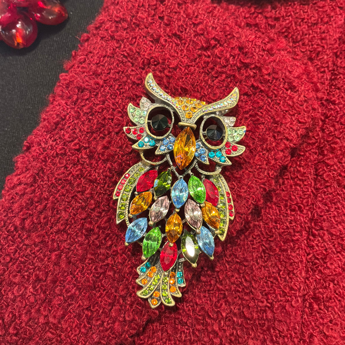 Vintage Butler and Wilson Crystal Owl Brooch with Rainbow Rhinestones