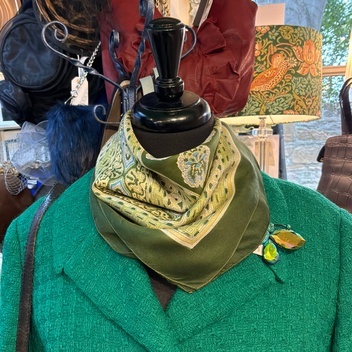 Vintage Liberty of London Pure Silk Green Geometric Scarf in Mid Century Design