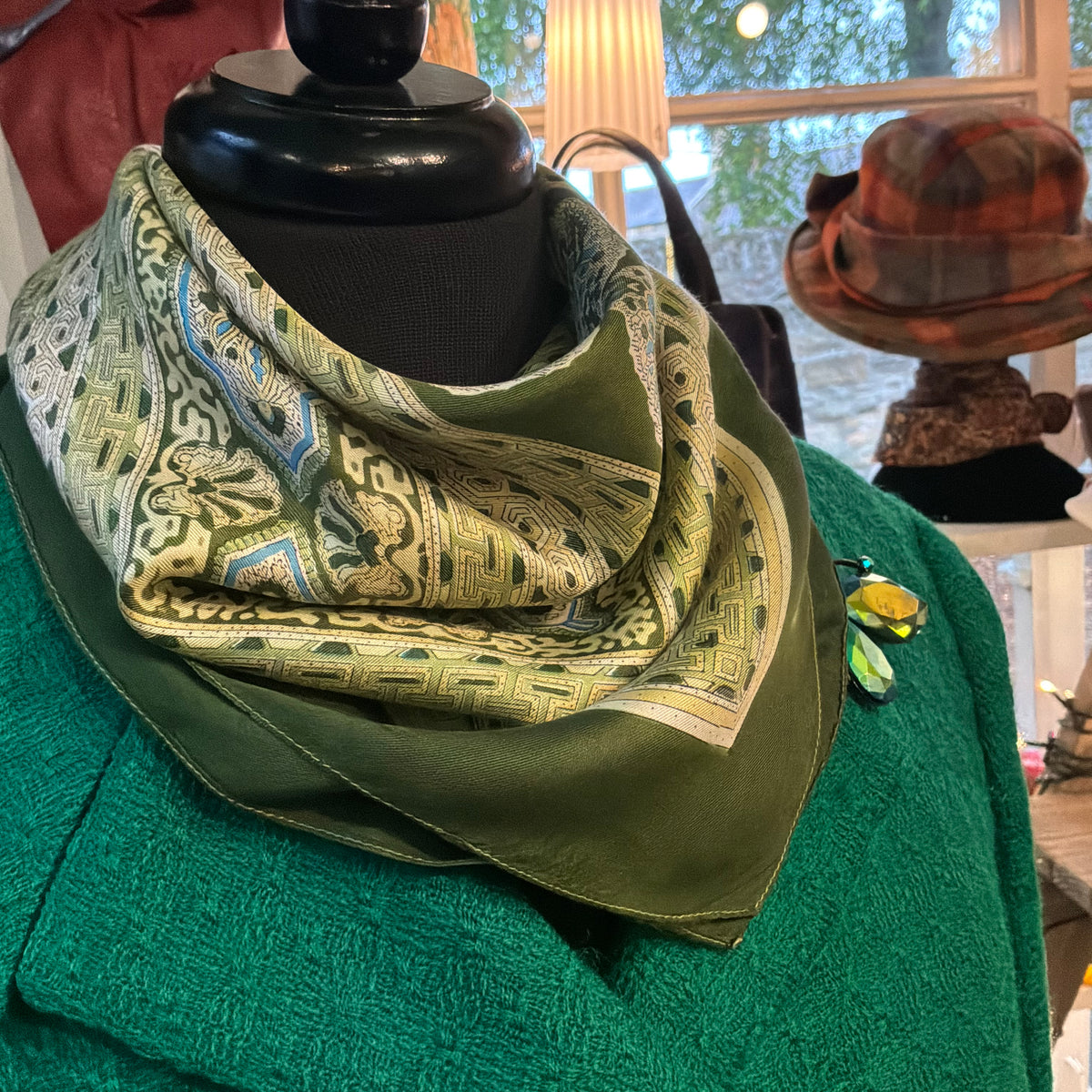 Vintage Liberty of London Pure Silk Green Geometric Scarf in Mid Century Design