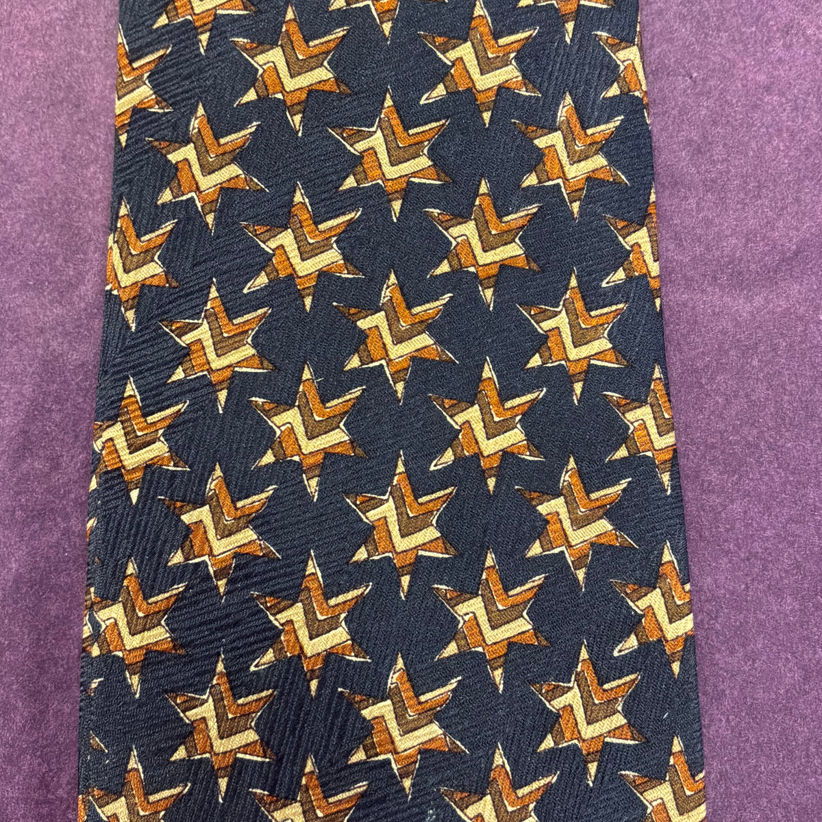 Vintage Liberty of London Pure Silk Tie, Gold with Blue Star Print, Unused and Boxed