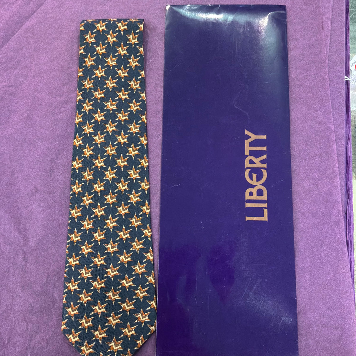 Vintage Liberty of London Pure Silk Tie, Gold with Blue Star Print, Unused and Boxed