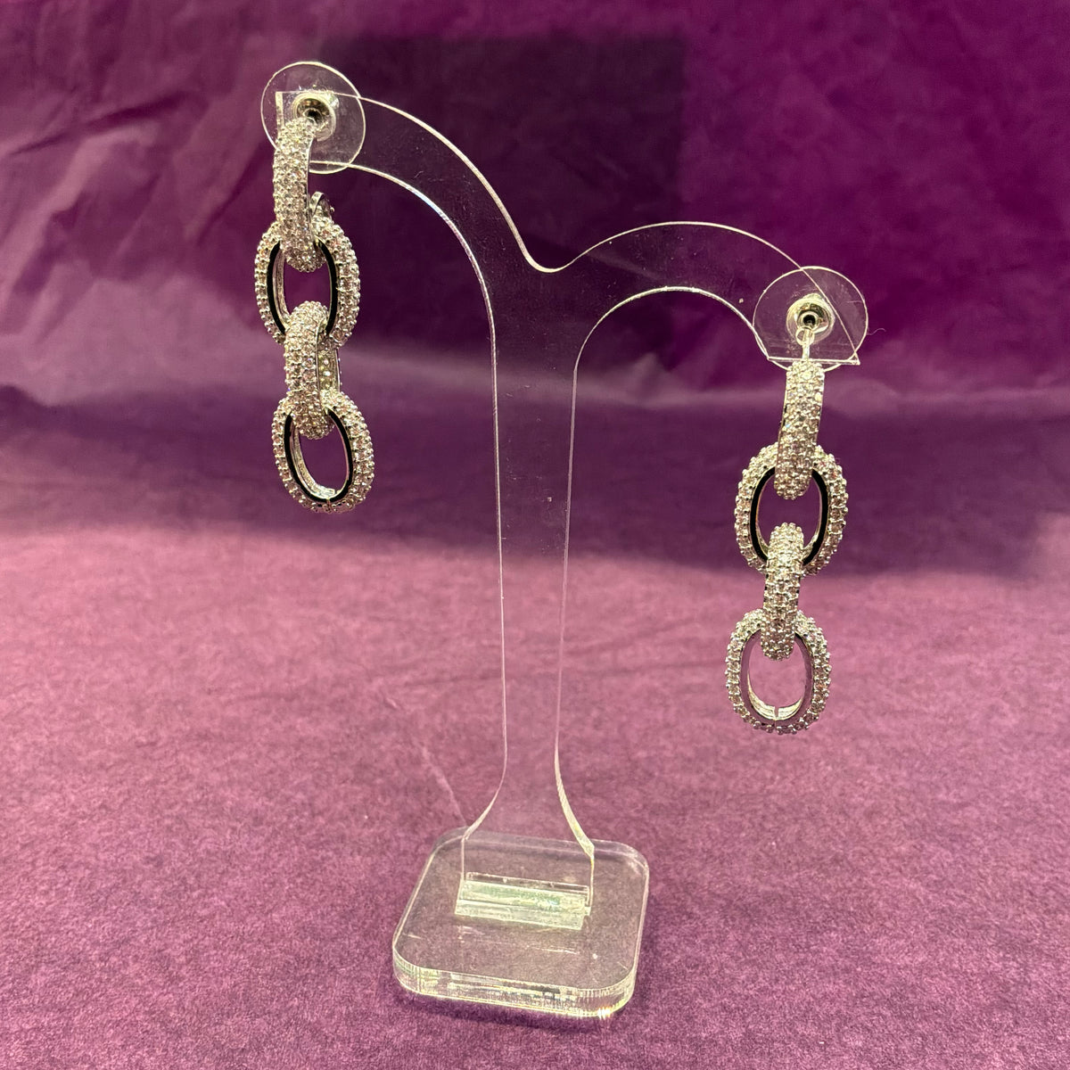 Vintage Butler & Wilson Silver Tone Rhinestone Chain Link Drop Earrings