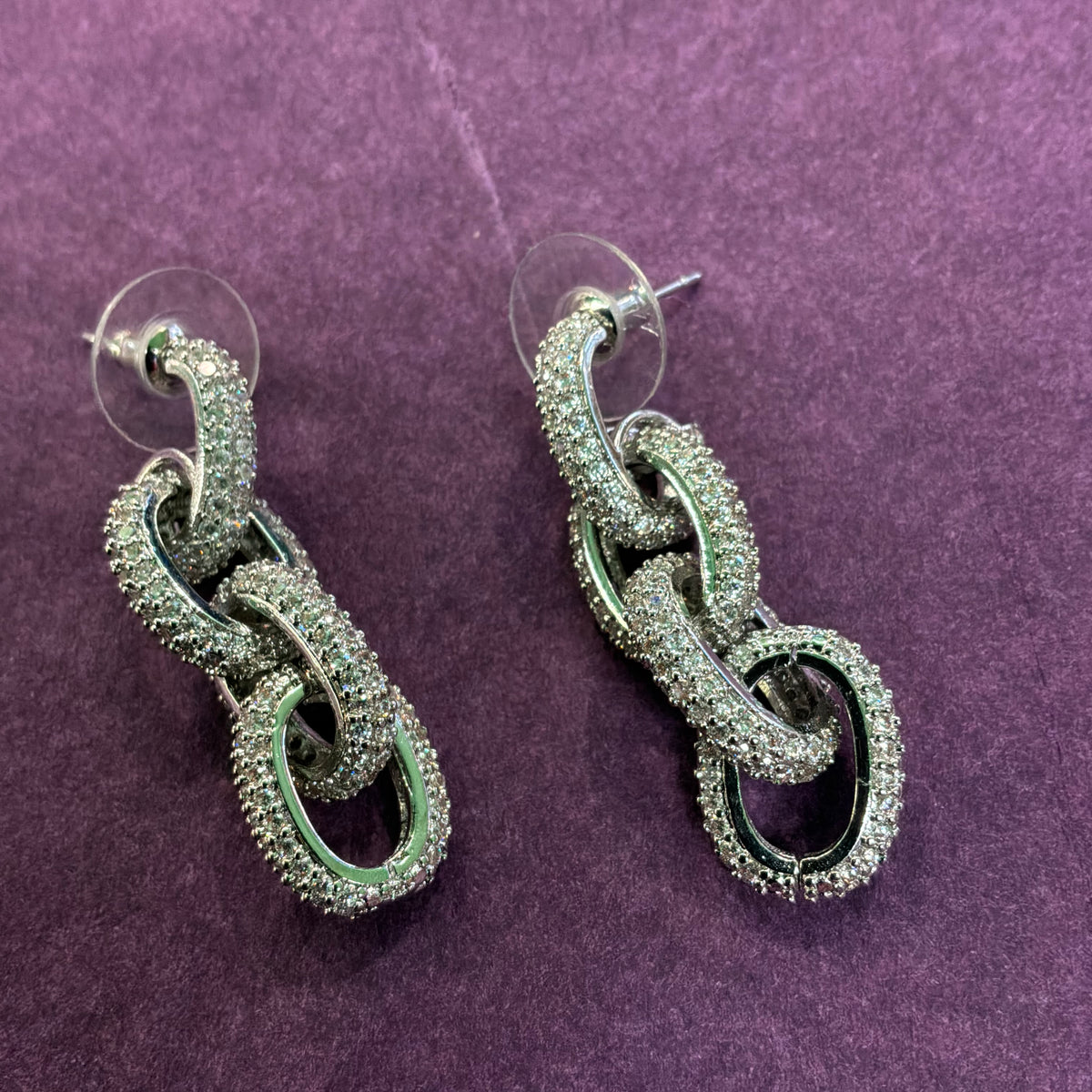 Vintage Butler & Wilson Silver Tone Rhinestone Chain Link Drop Earrings