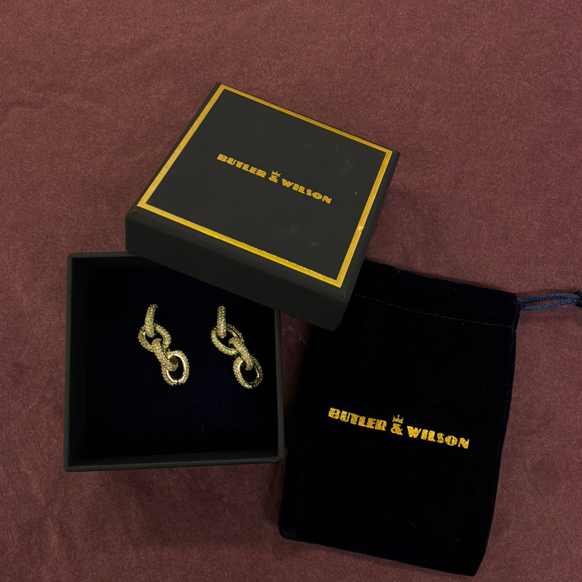 Vintage Butler & Wilson Silver Tone Rhinestone Chain Link Drop Earrings