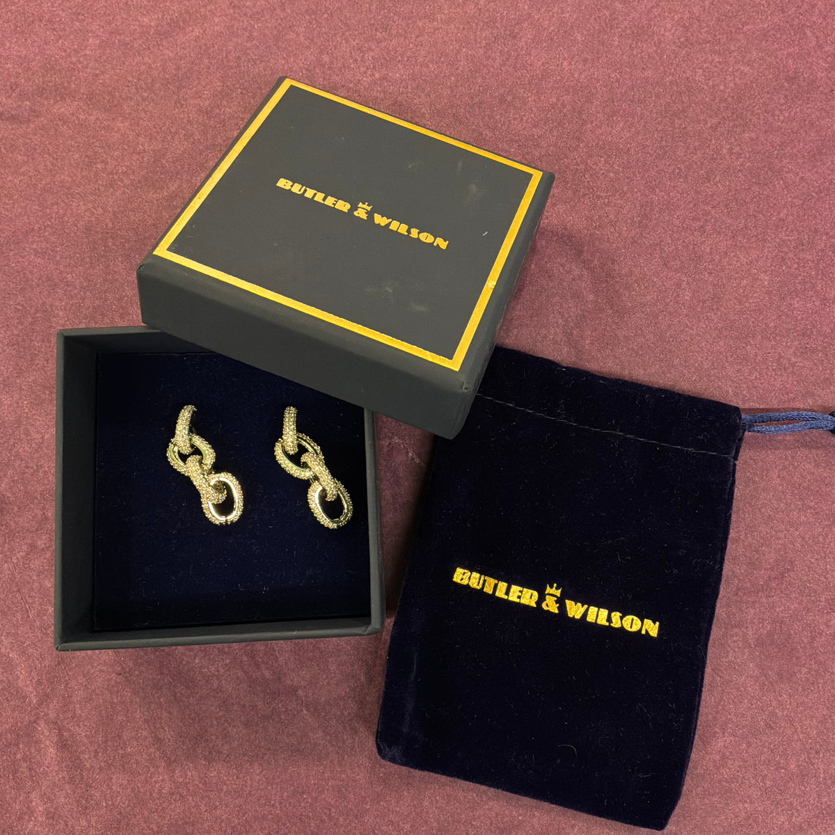 Vintage Butler & Wilson Silver Tone Rhinestone Chain Link Drop Earrings