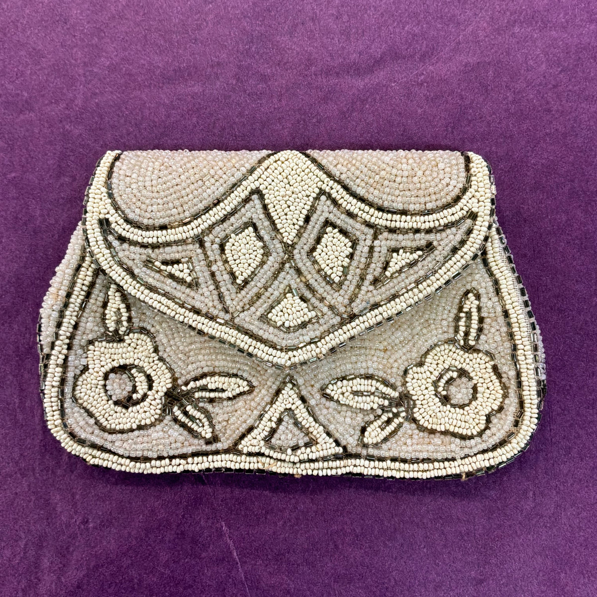 Antique Art Deco French Hand Beaded Evening Bag Ivory Silver Floral Purse