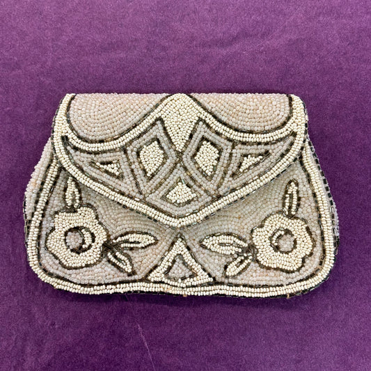 Antique Art Deco French Hand Beaded Evening Bag Ivory Silver Floral Purse