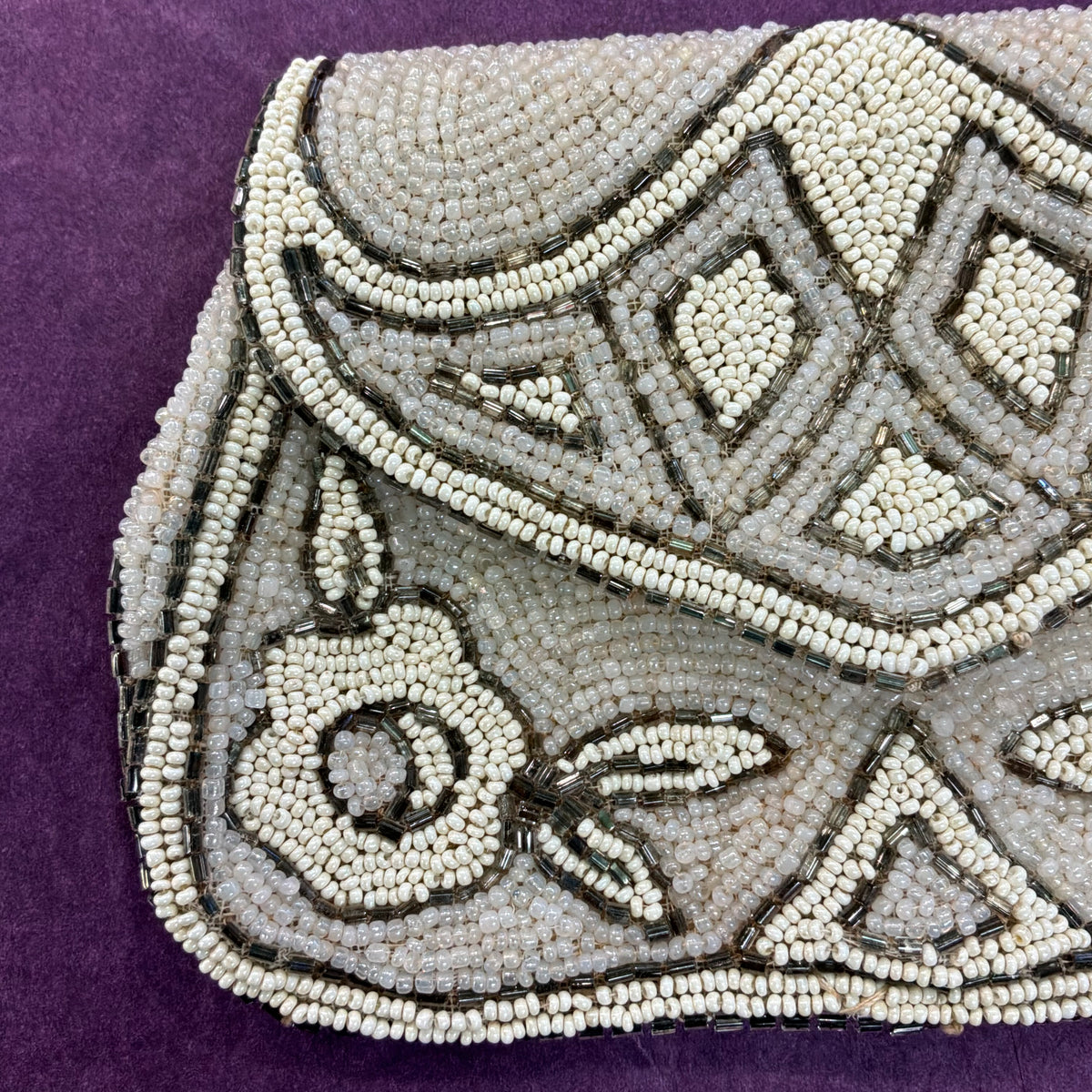 Antique Art Deco French Hand Beaded Evening Bag Ivory Silver Floral Purse