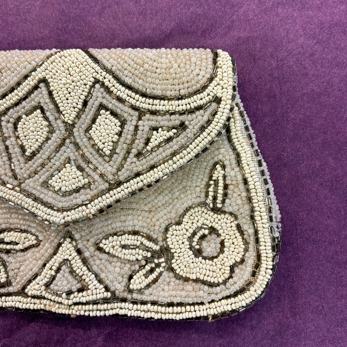 Antique Art Deco French Hand Beaded Evening Bag Ivory Silver Floral Purse