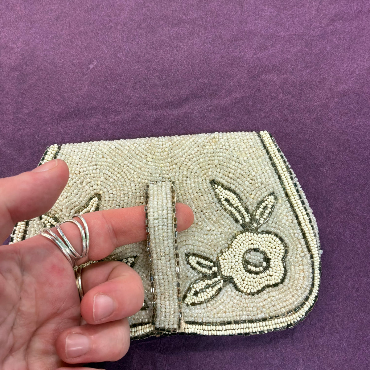 Antique Art Deco French Hand Beaded Evening Bag Ivory Silver Floral Purse