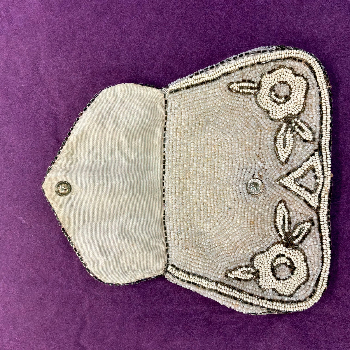 Antique Art Deco French Hand Beaded Evening Bag Ivory Silver Floral Purse