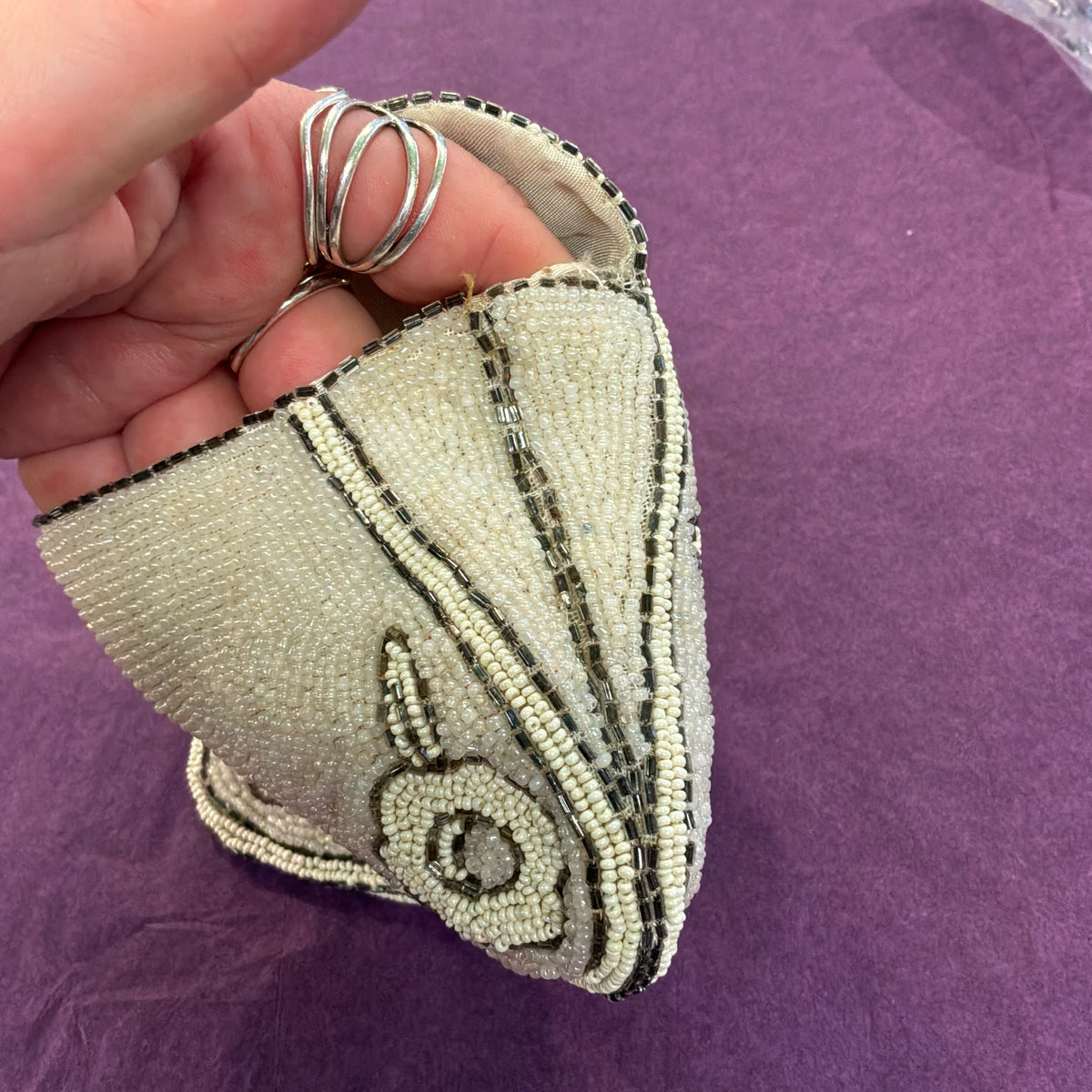 Antique Art Deco French Hand Beaded Evening Bag Ivory Silver Floral Purse