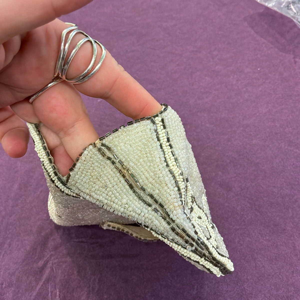 Antique Art Deco French Hand Beaded Evening Bag Ivory Silver Floral Purse