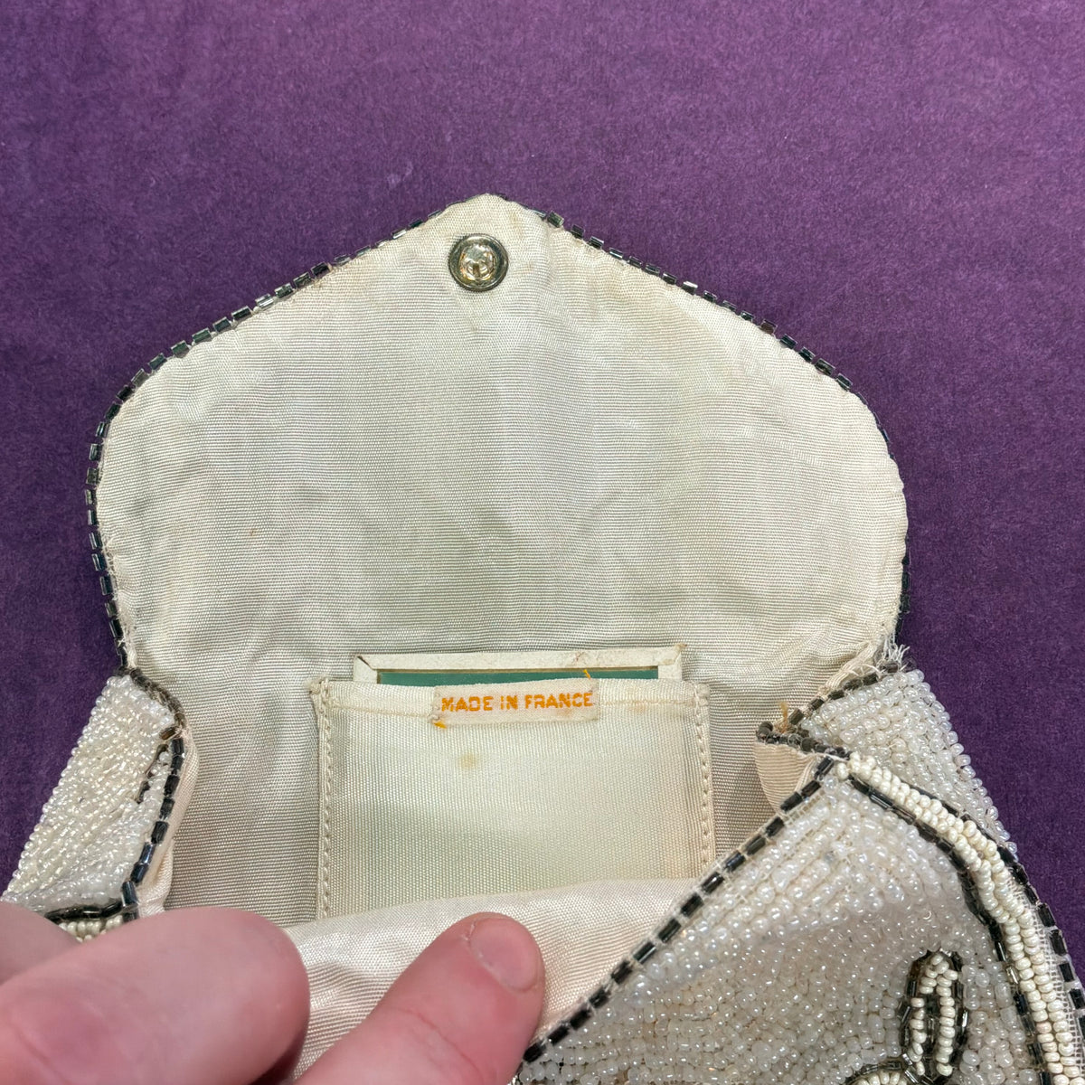 Antique Art Deco French Hand Beaded Evening Bag Ivory Silver Floral Purse