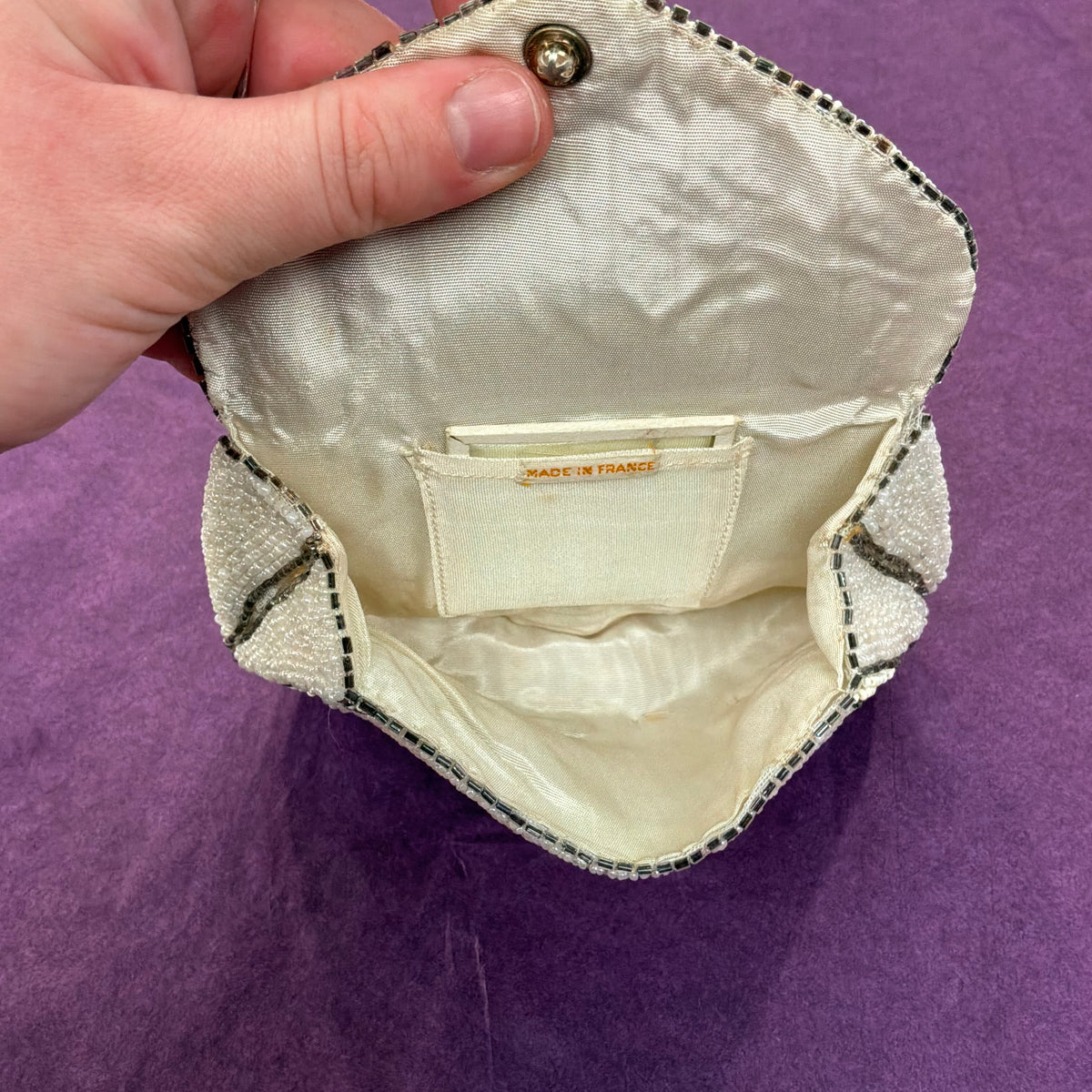 Antique Art Deco French Hand Beaded Evening Bag Ivory Silver Floral Purse