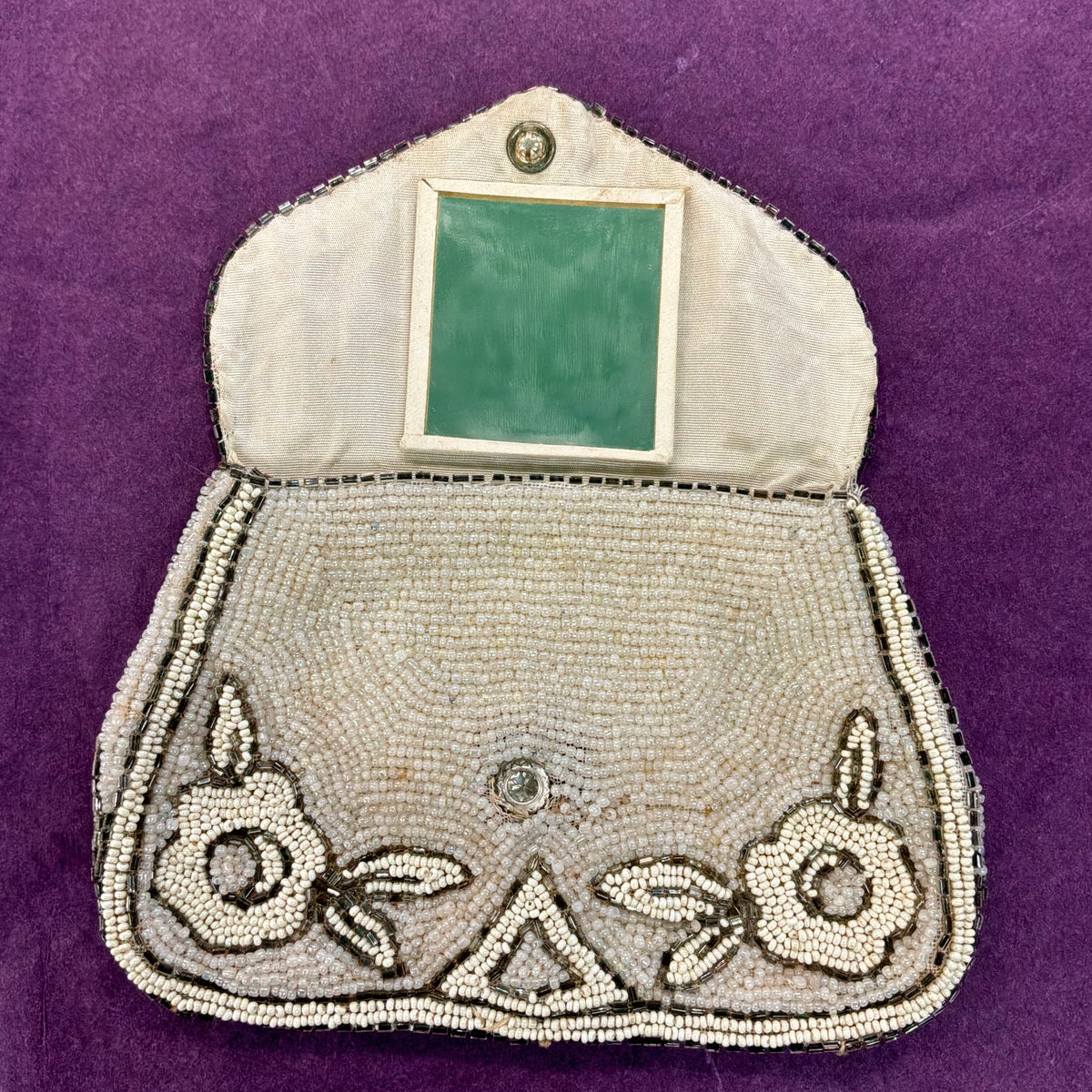 Antique Art Deco French Hand Beaded Evening Bag Ivory Silver Floral Purse