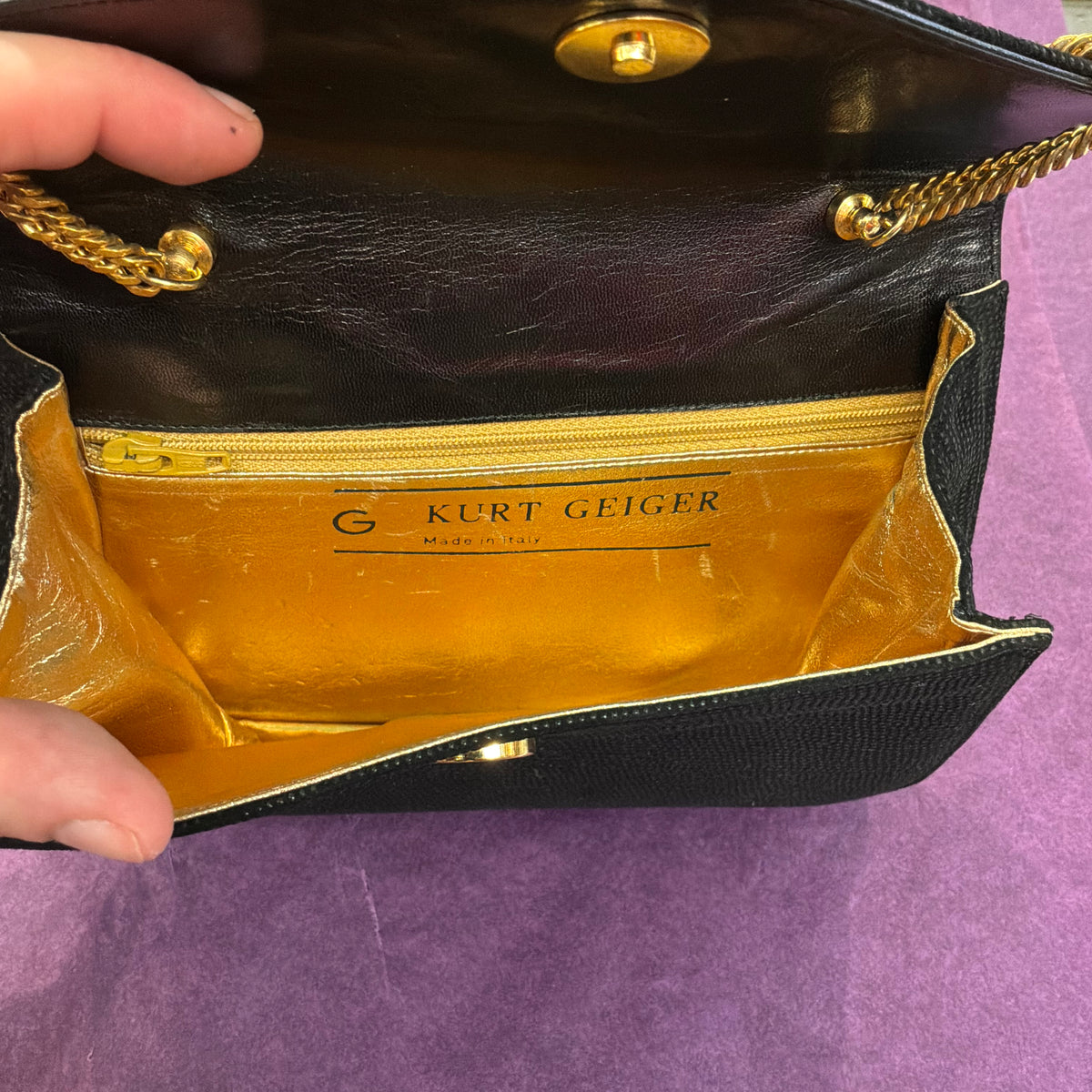 Vintage Kurt Geiger Black Leather Evening Bag with Clover, Clutch or Shoulder Bag