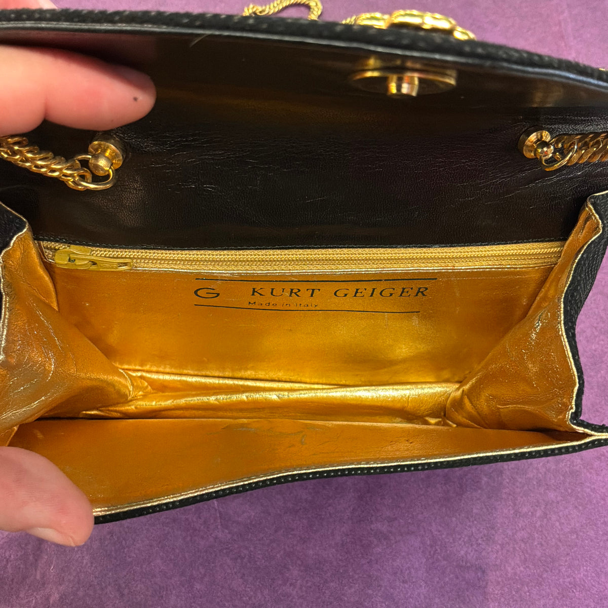 Vintage Kurt Geiger Black Leather Evening Bag with Clover, Clutch or Shoulder Bag