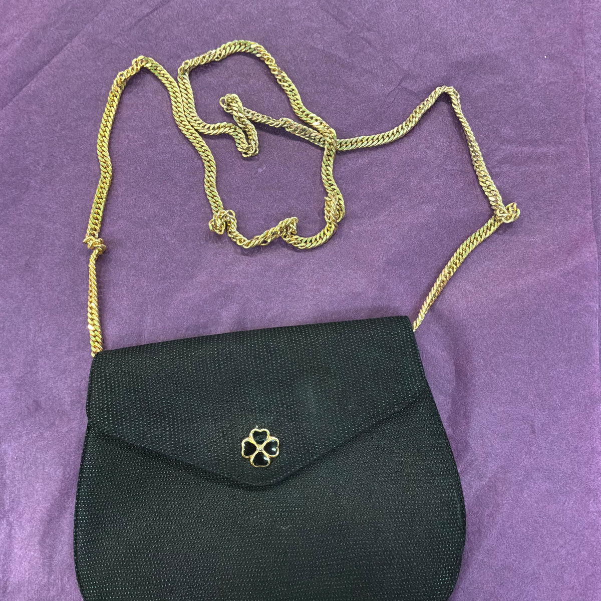 Vintage Kurt Geiger Black Leather Evening Bag with Clover, Clutch or Shoulder Bag