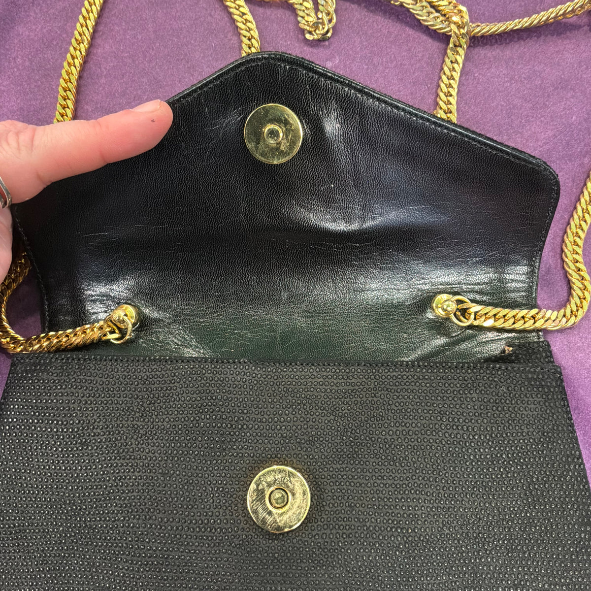 Vintage Kurt Geiger Black Leather Evening Bag with Clover, Clutch or Shoulder Bag
