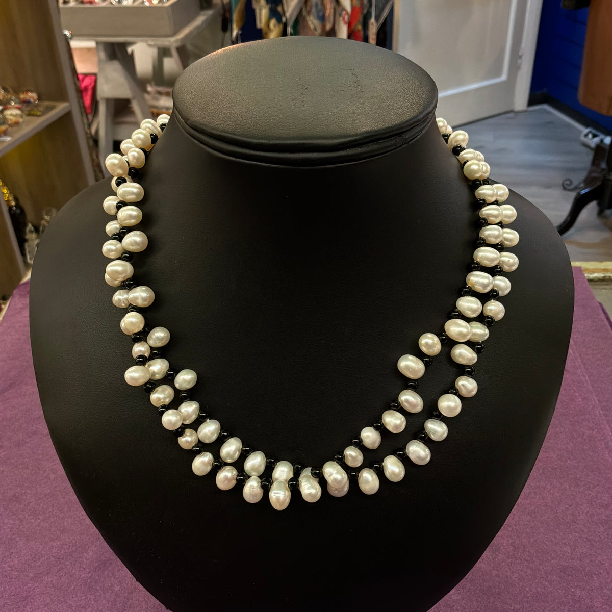 Vintage Cultured Pearl and Black Glass Bead Double Strand Necklace