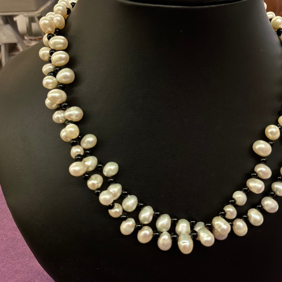 Vintage Cultured Pearl and Black Glass Bead Double Strand Necklace