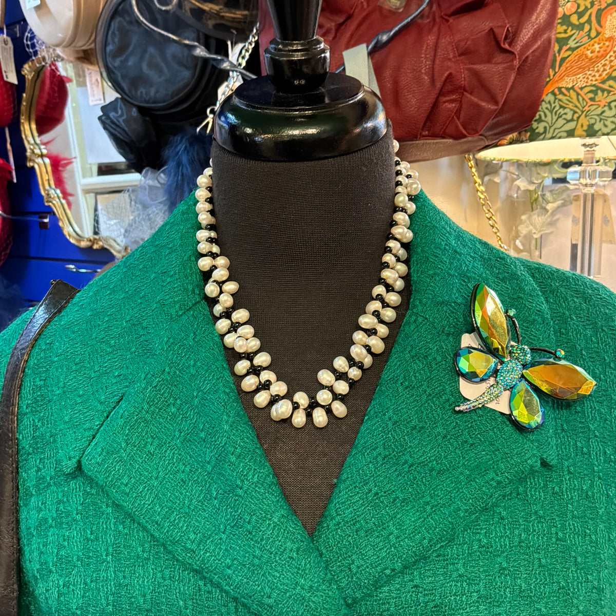 Vintage Cultured Pearl and Black Glass Bead Double Strand Necklace