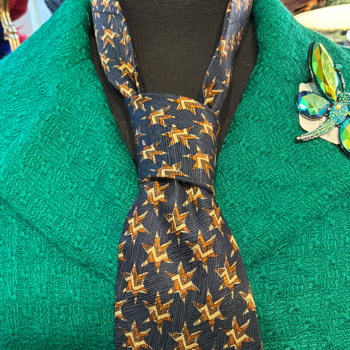 Vintage Liberty of London Pure Silk Tie, Gold with Blue Star Print, Unused and Boxed
