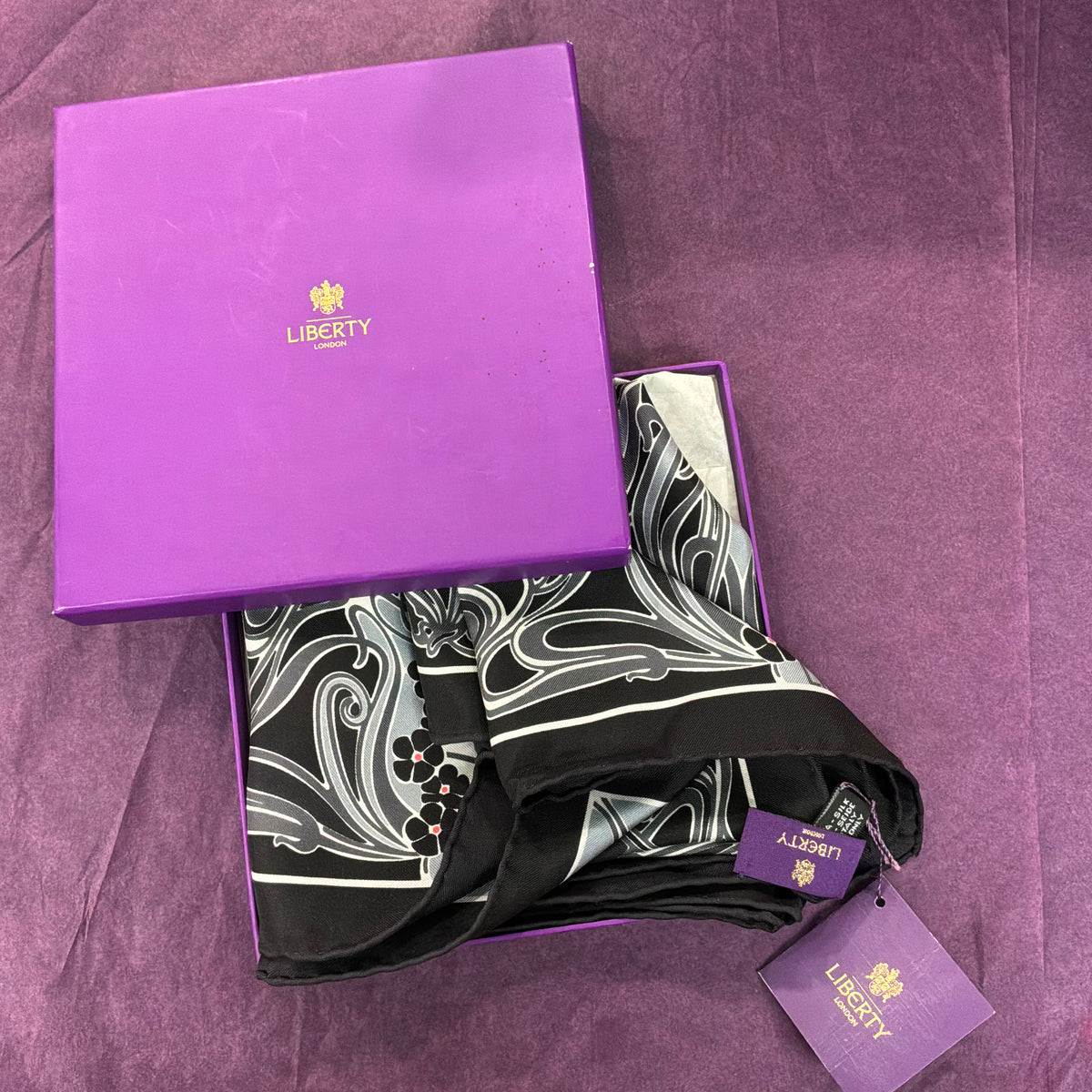 Vintage Liberty of London Ianthe Pure Silk Scarf in Monotone Colours, Unworn and Boxed