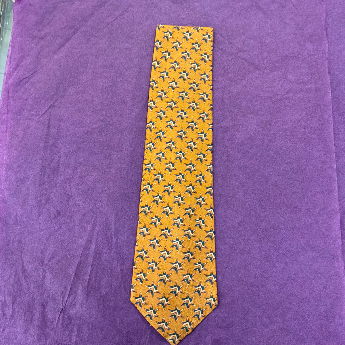 Vintage Liberty of London Pure Silk Tie in Gold and Blue Star Print, Unused and Boxed