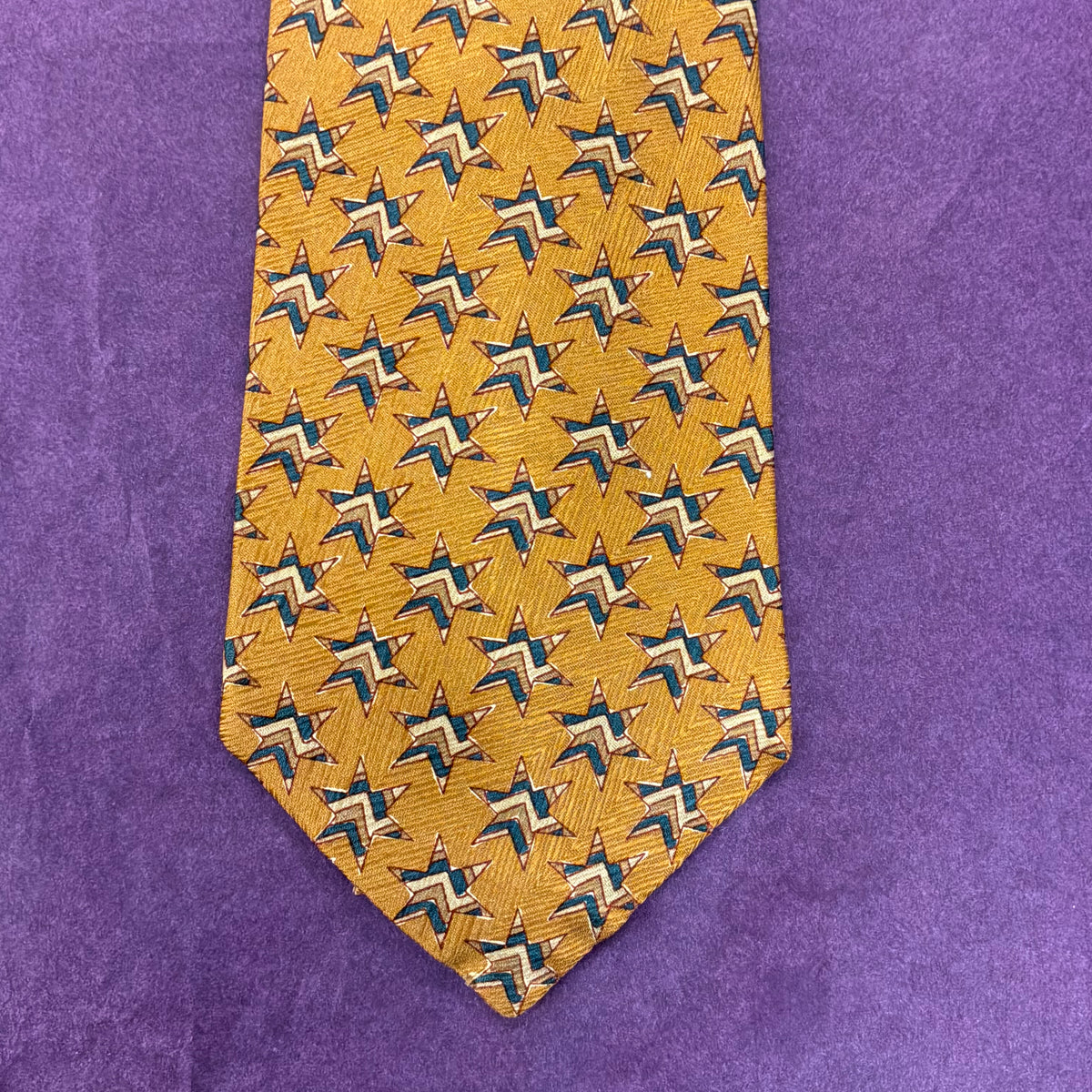 Vintage Liberty of London Pure Silk Tie in Gold and Blue Star Print, Unused and Boxed