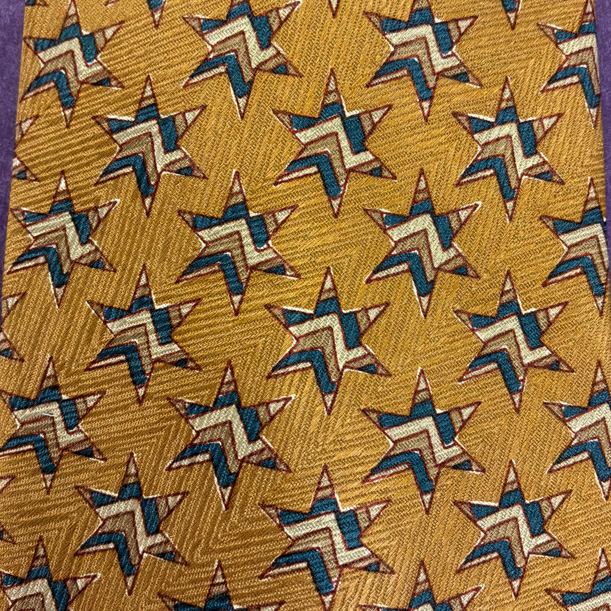 Vintage Liberty of London Pure Silk Tie in Gold and Blue Star Print, Unused and Boxed