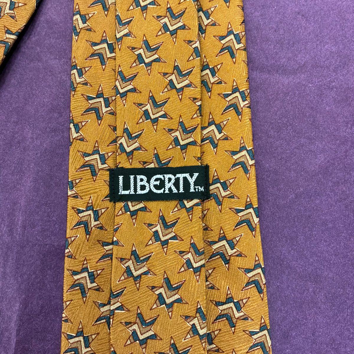 Vintage Liberty of London Pure Silk Tie in Gold and Blue Star Print, Unused and Boxed