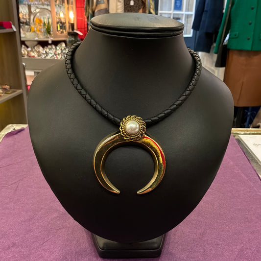 Vintage Butler & Wilson Gold Tone Crescent Moon Statement Necklace, Faux Pearl and Leather Cord