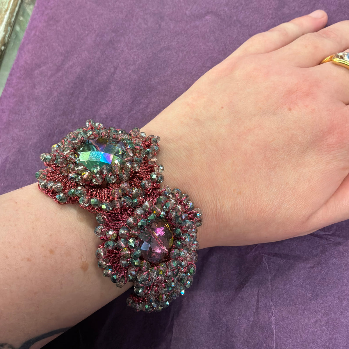 Vintage Butler & Wilson Bohemian Crochet Flower Bracelet with Aurora Borealis Crystal