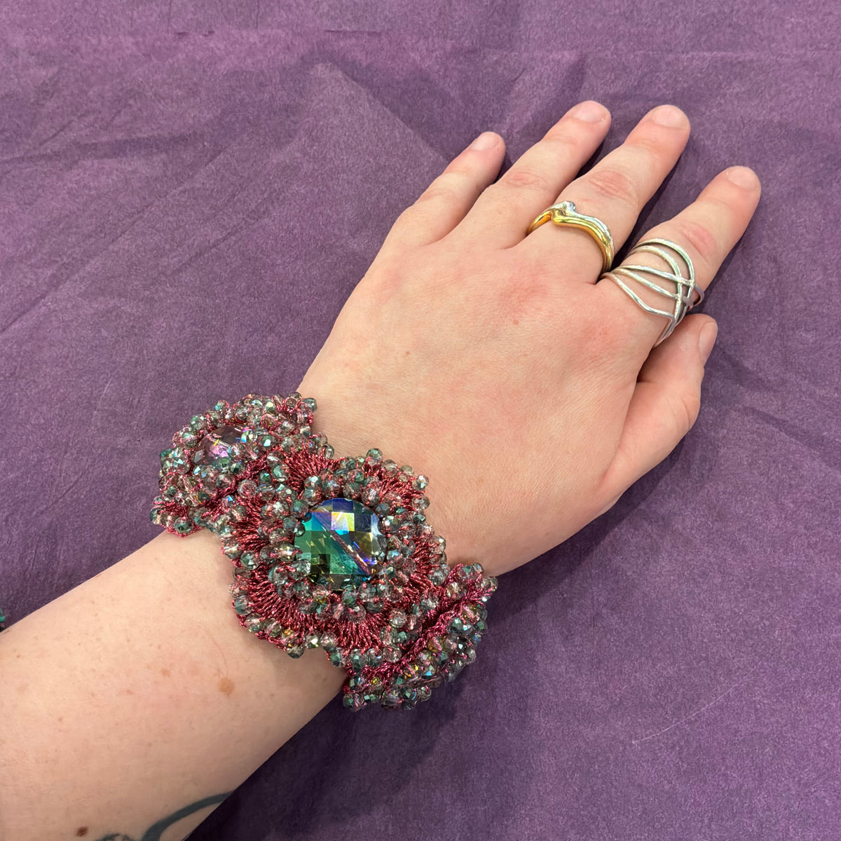 Vintage Butler & Wilson Bohemian Crochet Flower Bracelet with Aurora Borealis Crystal