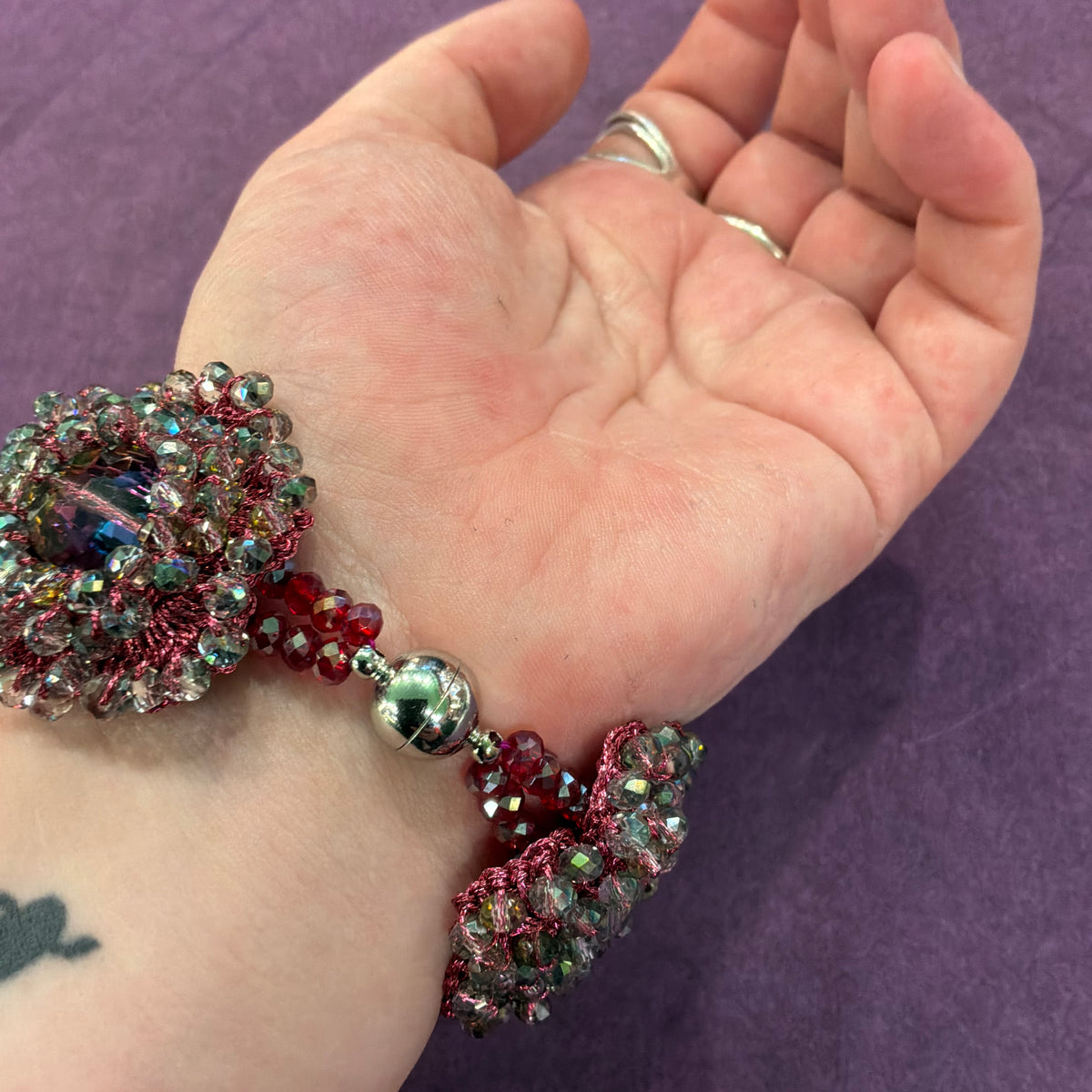 Vintage Butler & Wilson Bohemian Crochet Flower Bracelet with Aurora Borealis Crystal
