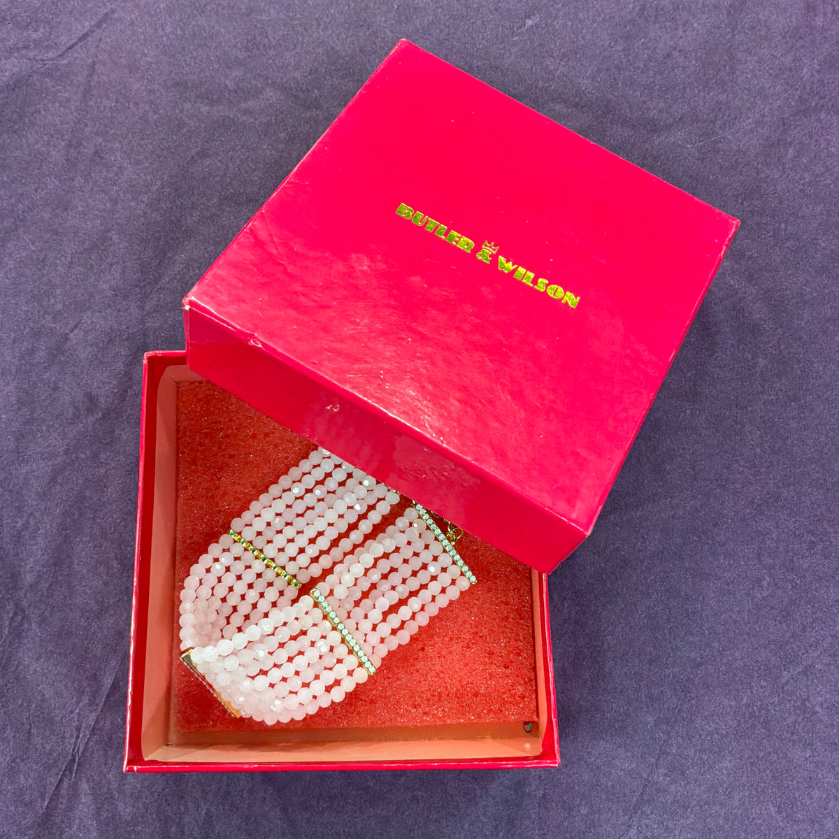 Vintage Butler & Wilson 7 Strand Pink Crystal Statement Bracelet Gold Tone