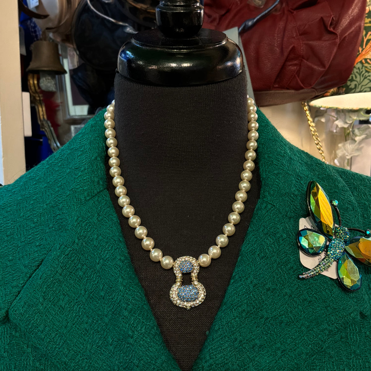 Clarion Pell Faux Pearl Necklace Princess Grace Kelly Replica Crystal Pendant