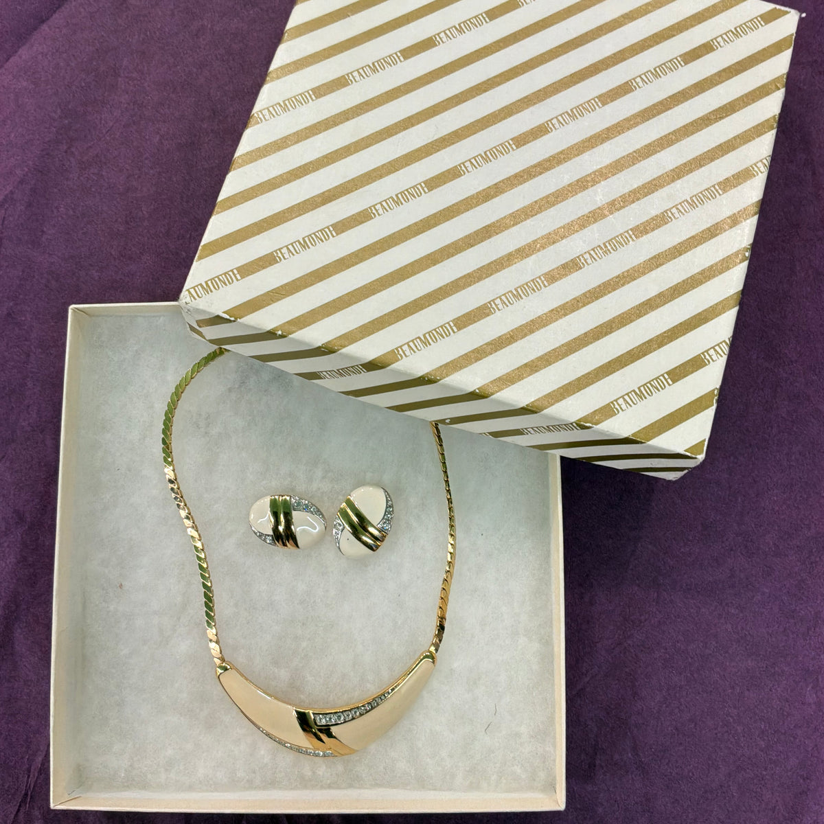 Vintage 1980s Beaumonde Statement Necklace Earrings Set Cream Enamel Rhinestone Gold Tone