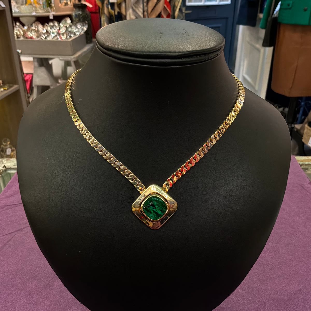 Vintage 1980s Gold Plated Curb Chain Necklace Green Faceted Crystal Pendant