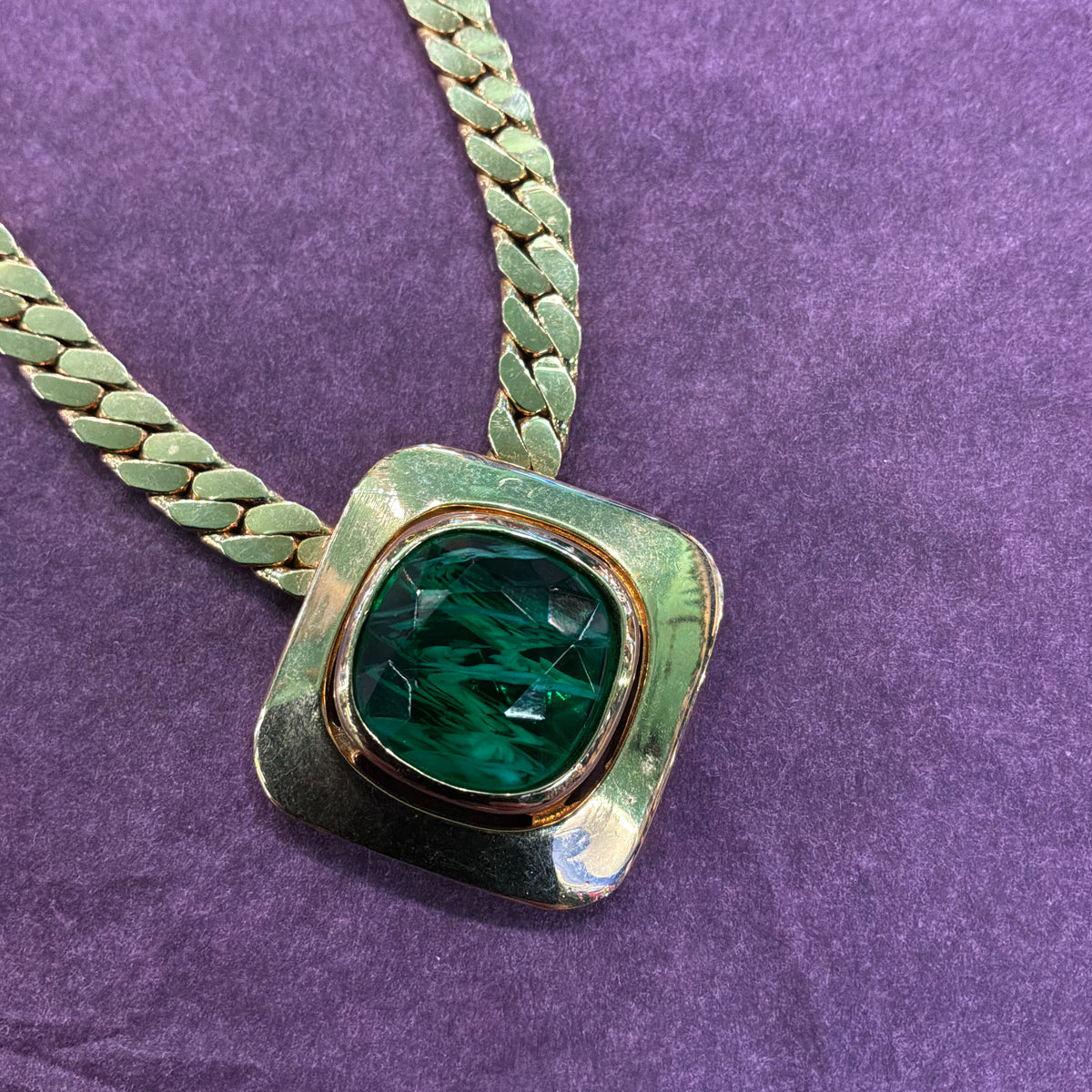 Vintage 1980s Gold Plated Curb Chain Necklace Green Faceted Crystal Pendant